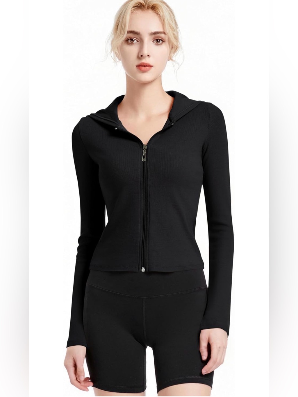 Nwt Abonlen Ribbed Hoodie Lightweight Full Zip Up Jacket Long Sleeve -Xl-Black
